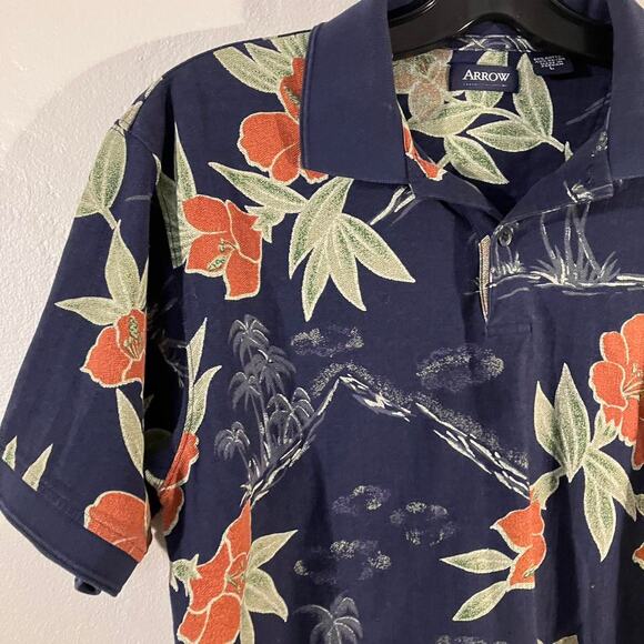 Arrow Hawaiian Navy Blue Polo Shirt‎ Rayon Blend Large - Picture 2 of 4